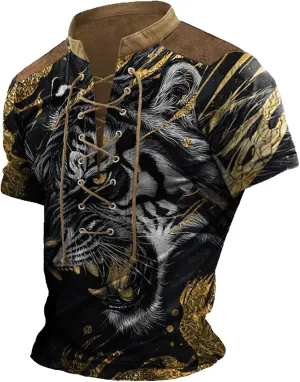 MARSVOVO Men Lace Up V Neck Short Sleeve Fashion Street Style Big and Tall Hip Hop Shirts for Men