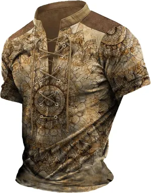 MARSVOVO Men Lace Up V Neck Short Sleeve Fashion Street Style Big and Tall Hip Hop Shirts for Men