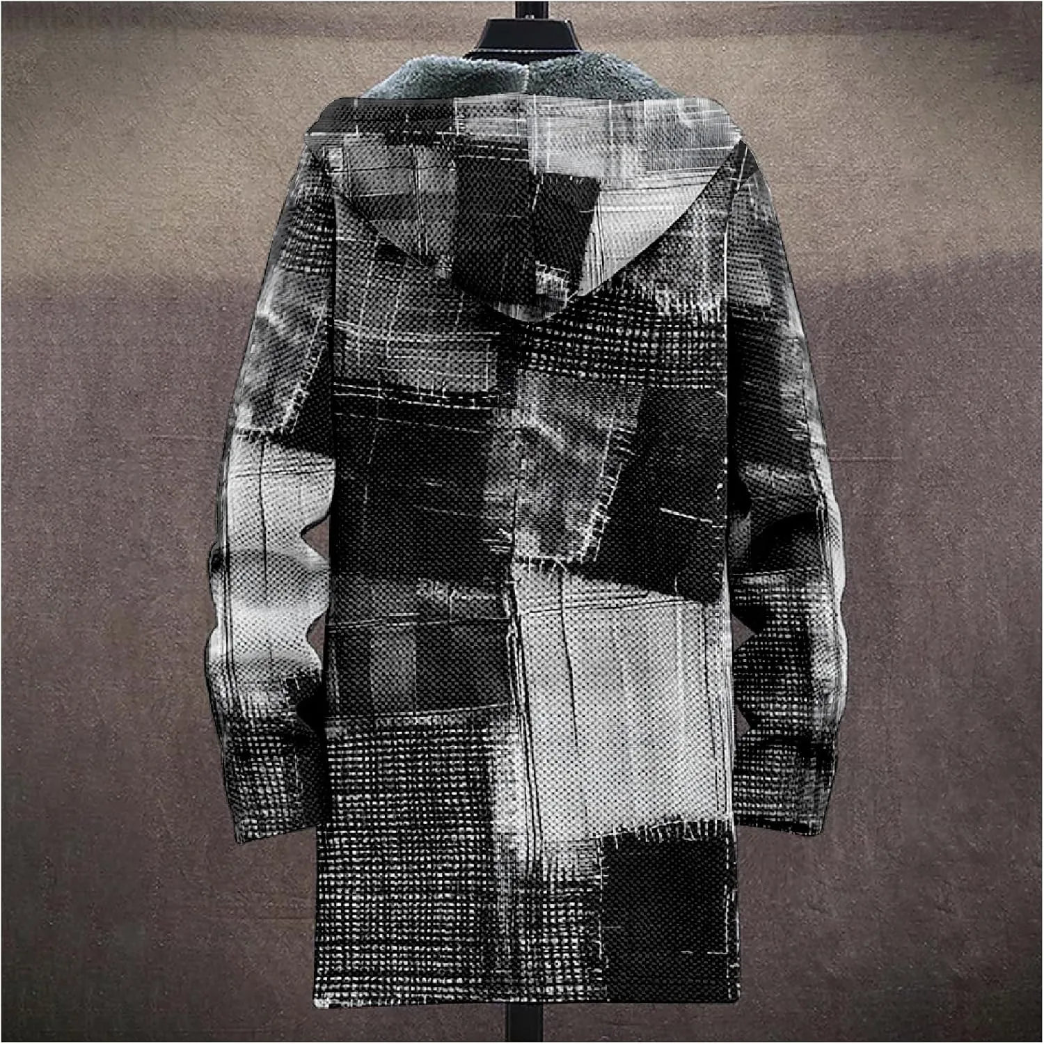 MARSVOVO Retro Patchwork Long Hooded Cardigan for Men Casual Stylish Fleece Lined Zip Up Hoodies Spring Fall Warm Jacket