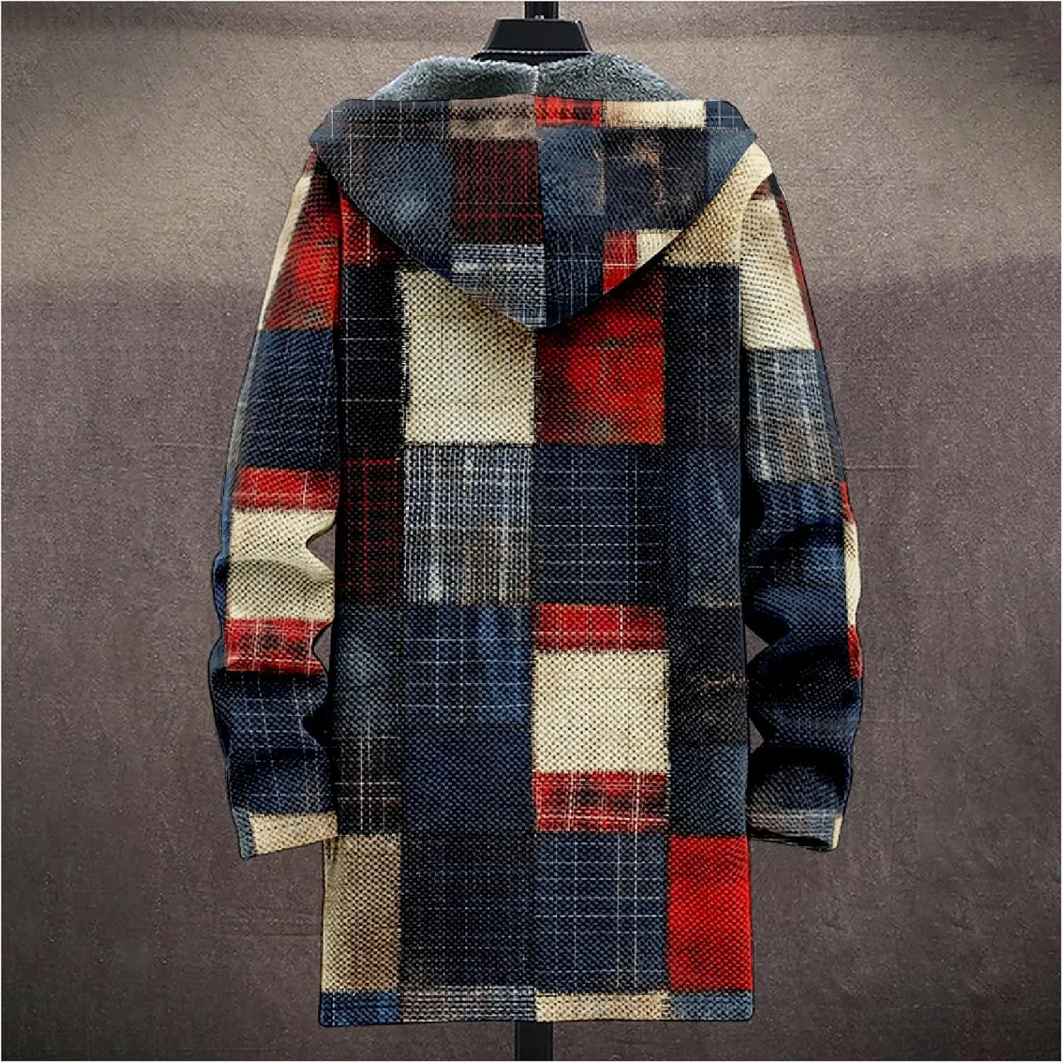 MARSVOVO Retro Patchwork Long Hooded Cardigan for Men Casual Stylish Fleece Lined Zip Up Hoodies Spring Fall Warm Jacket