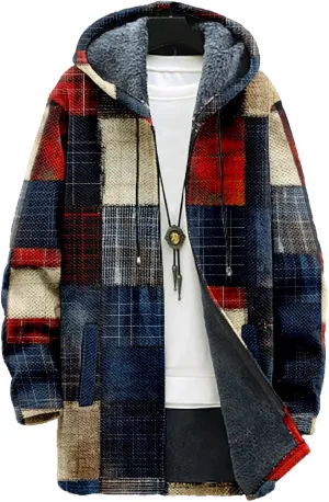 MARSVOVO Retro Patchwork Long Hooded Cardigan for Men Casual Stylish Fleece Lined Zip Up Hoodies Spring Fall Warm Jacket