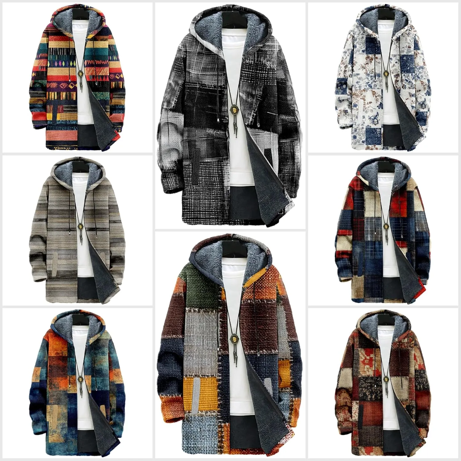 MARSVOVO Retro Patchwork Long Hooded Cardigan for Men Casual Stylish Fleece Lined Zip Up Hoodies Spring Fall Warm Jacket