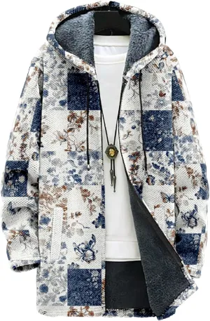 MARSVOVO Retro Patchwork Long Hooded Cardigan for Men Casual Stylish Fleece Lined Zip Up Hoodies Spring Fall Warm Jacket