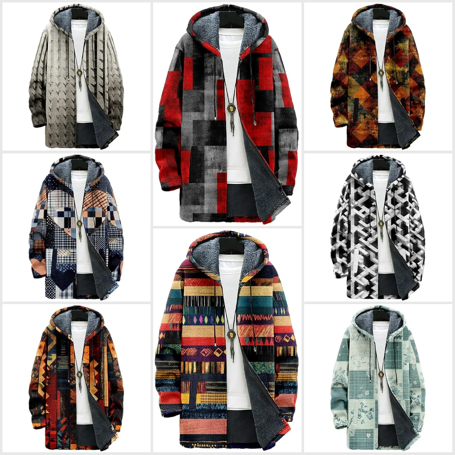 MARSVOVO Retro Patchwork Long Hooded Cardigan for Men Casual Stylish Fleece Lined Zip Up Hoodies Spring Fall Warm Jacket