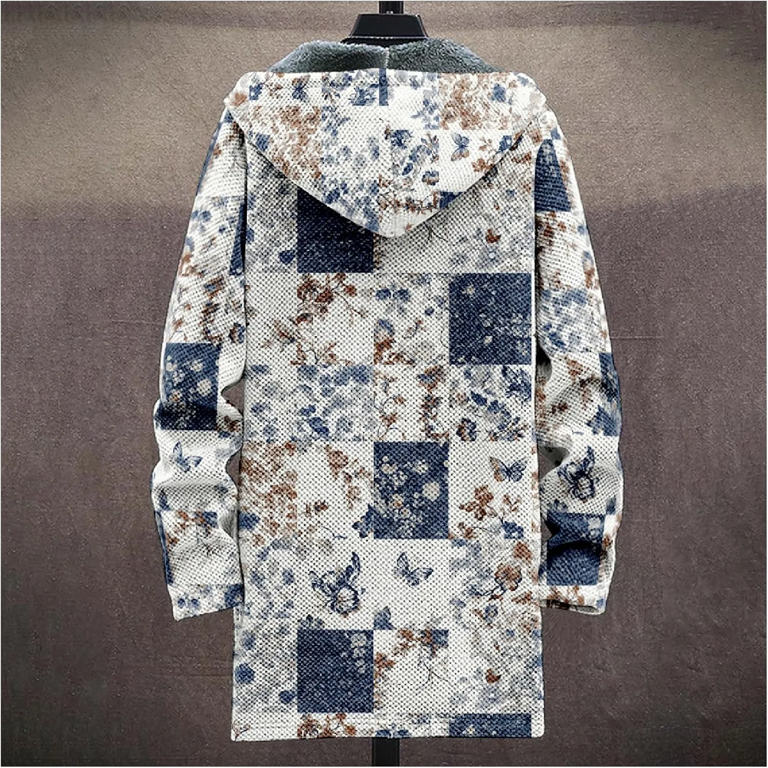 MARSVOVO Retro Patchwork Long Hooded Cardigan for Men Casual Stylish Fleece Lined Zip Up Hoodies Spring Fall Warm Jacket