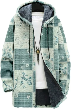 MARSVOVO Retro Patchwork Long Hooded Cardigan for Men Casual Stylish Fleece Lined Zip Up Hoodies Spring Fall Warm Jacket