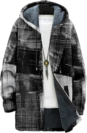 MARSVOVO Retro Patchwork Long Hooded Cardigan for Men Casual Stylish Fleece Lined Zip Up Hoodies Spring Fall Warm Jacket