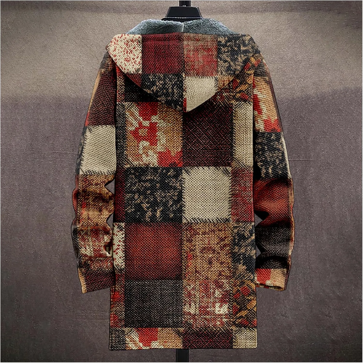 MARSVOVO Retro Patchwork Long Hooded Cardigan for Men Casual Stylish Fleece Lined Zip Up Hoodies Spring Fall Warm Jacket