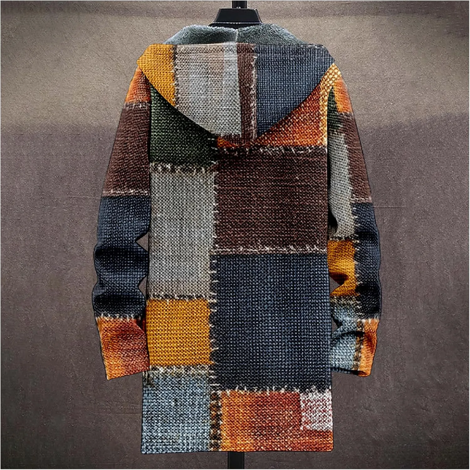 MARSVOVO Retro Patchwork Long Hooded Cardigan for Men Casual Stylish Fleece Lined Zip Up Hoodies Spring Fall Warm Jacket