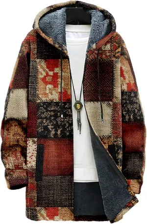 MARSVOVO Retro Patchwork Long Hooded Cardigan for Men Casual Stylish Fleece Lined Zip Up Hoodies Spring Fall Warm Jacket