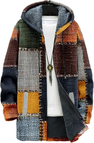 MARSVOVO Retro Patchwork Long Hooded Cardigan for Men Casual Stylish Fleece Lined Zip Up Hoodies Spring Fall Warm Jacket