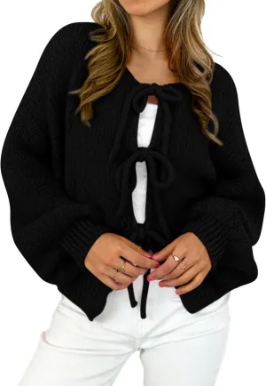 MASCOMODA 2025 Bow Tie Front Cardigan Sweaters for Women Fall Winter Oversized Long Sleeve Open Front Chunky Sweater Coats