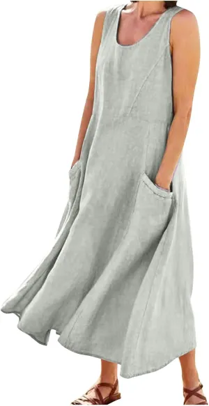 Maxi Dress for Women,2024 Summer Trendy Sleeveless Cotton Linen Dress,Casual Loose Flowy Ruched Sundress with Pockets