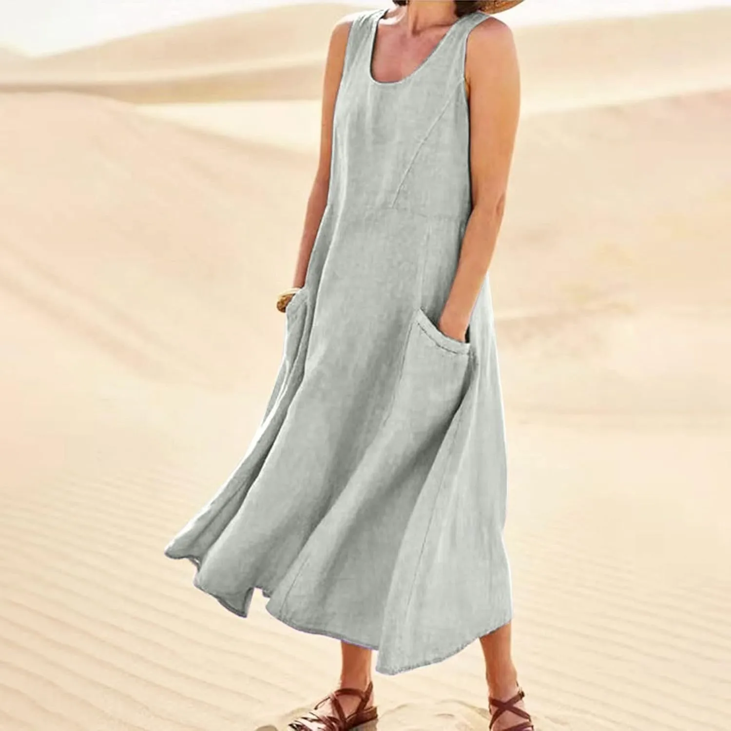 Maxi Dress for Women,2024 Summer Trendy Sleeveless Cotton Linen Dress,Casual Loose Flowy Ruched Sundress with Pockets