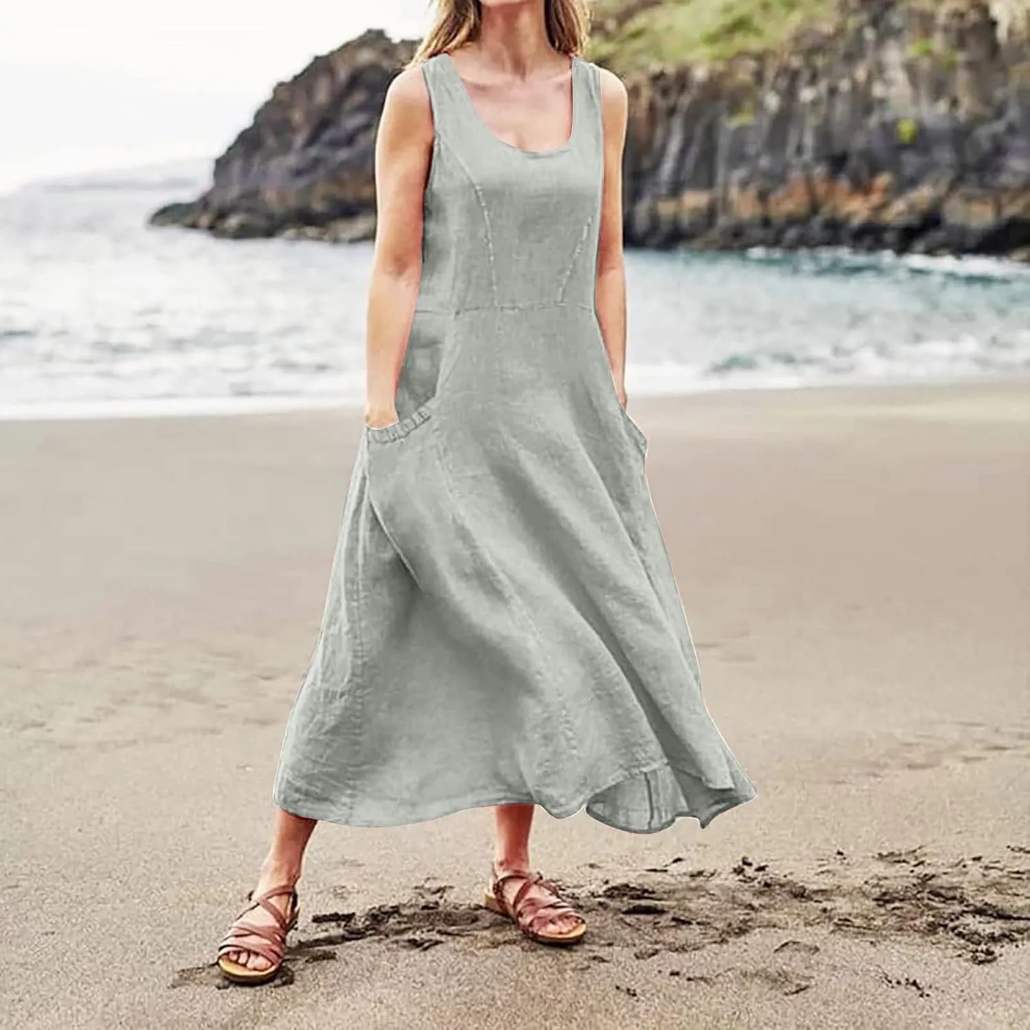 Maxi Dress for Women,2024 Summer Trendy Sleeveless Cotton Linen Dress,Casual Loose Flowy Ruched Sundress with Pockets