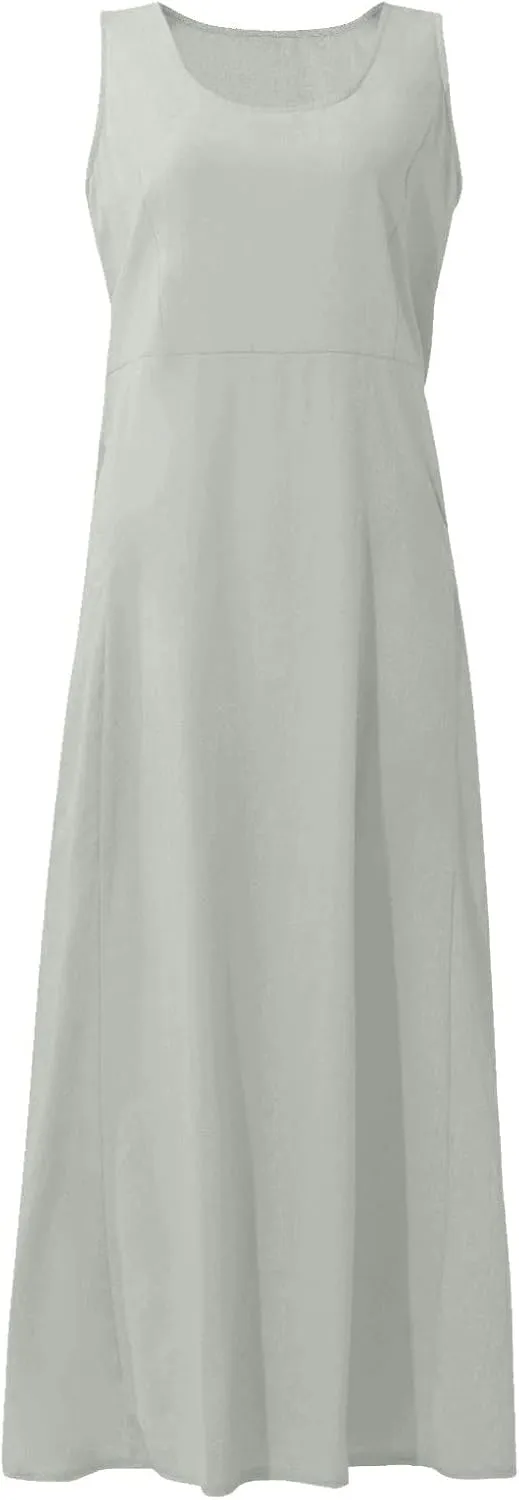 Maxi Dress for Women,2024 Summer Trendy Sleeveless Cotton Linen Dress,Casual Loose Flowy Ruched Sundress with Pockets