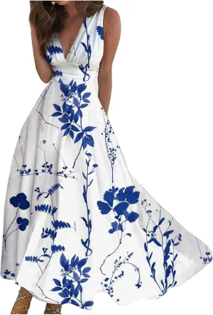 Maxi Dress Women's Loose V Neck Outdoor Sleeveless Ladies Weekend Floral Print 2024 Line Summer Swing Streetwear