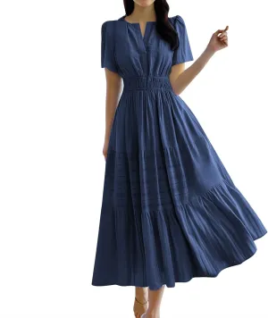 Maxi Sundresses for Women 2025 Vacation Womens Elastic Waist Ruffle Sundress Women's Short Sleeve A-Line Midi Dress