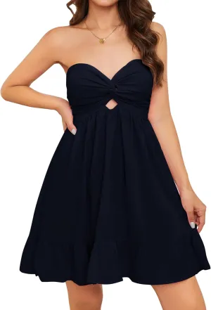Meladyan Womens Twist Knot Bandeau Tube Dress Solid Strapless Backless Mini Dresses Summer Hollow Ruffle Beach Dress