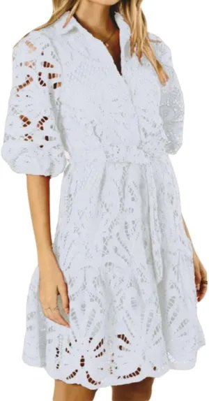 Melliflo Women's Hollow Out Eyelet Lace Mini Dress Puff Short Sleeve Belt Tie Short Beach Party Dress Casual A Line Sundress