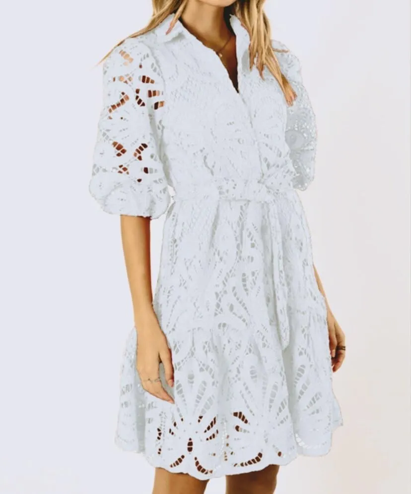 Melliflo Women's Hollow Out Eyelet Lace Mini Dress Puff Short Sleeve Belt Tie Short Beach Party Dress Casual A Line Sundress