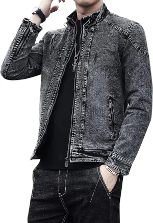Men's Banded Collar Denim Jacket Distressed Moto Button Down Denim Shirt Full Zip Long Sleeve Winter Jacket