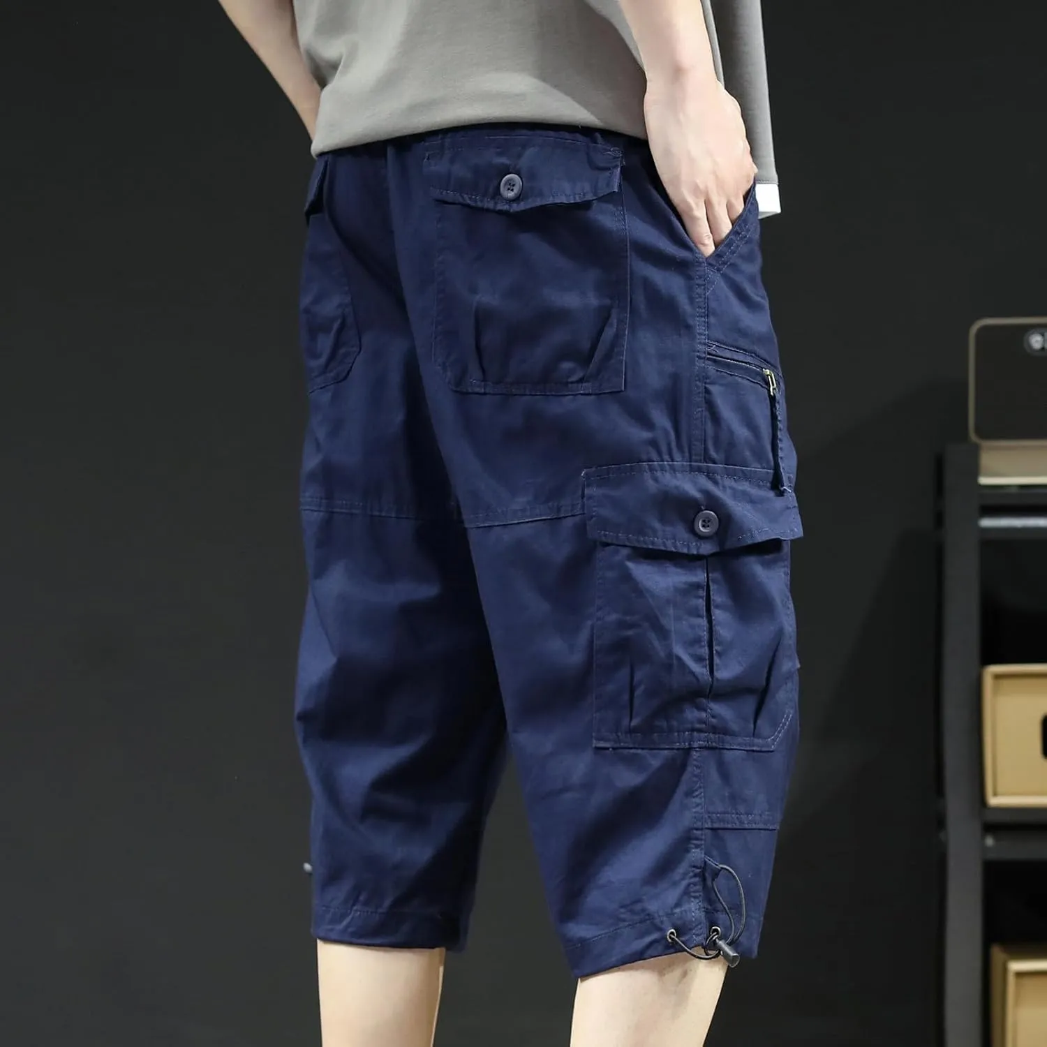 Mens Cargo Pants Straight Leg Capri Pants Lightweight Solid Color Work Pants Casual Multiple Pockets Hiking Sweatpants