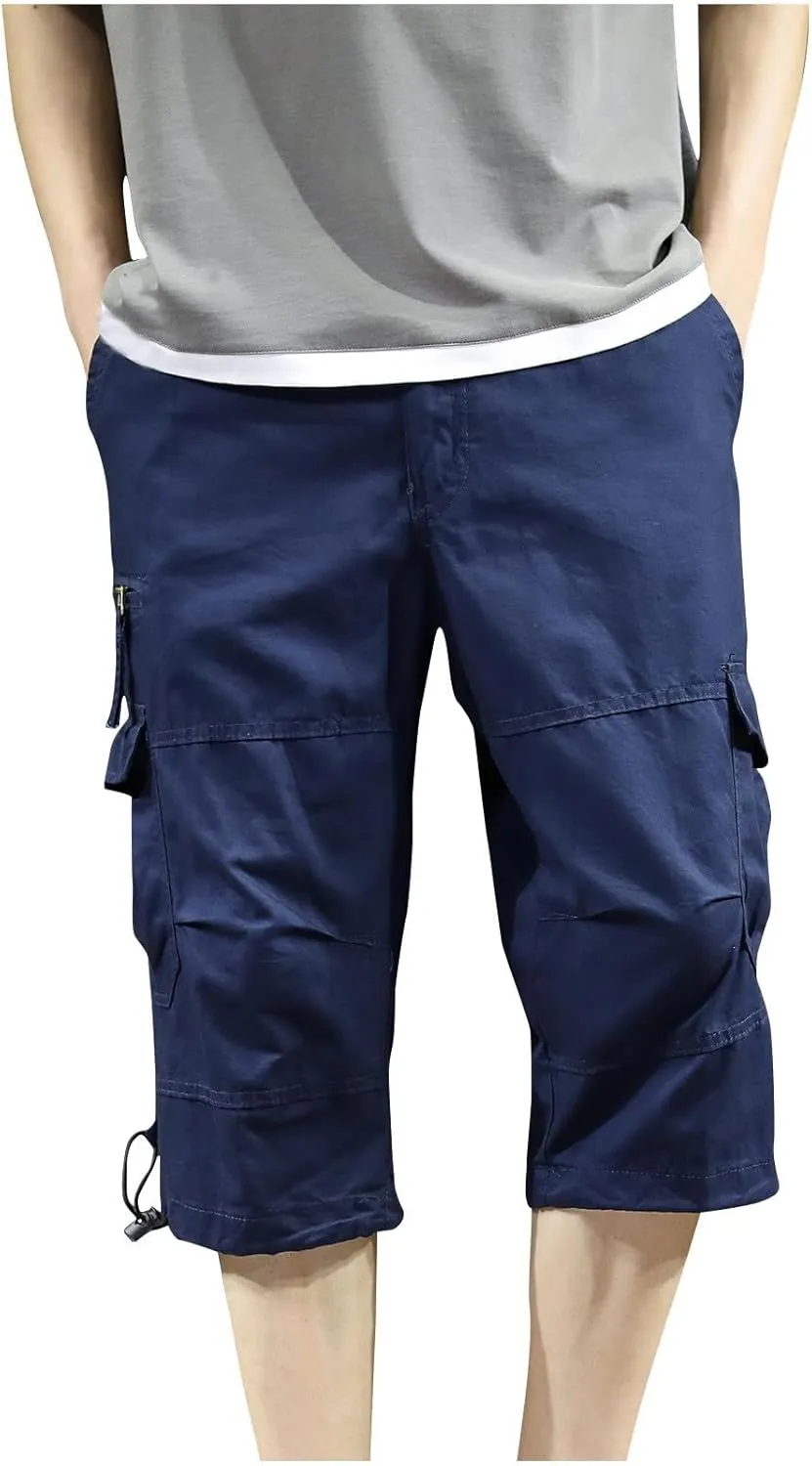 Mens Cargo Pants Straight Leg Capri Pants Lightweight Solid Color Work Pants Casual Multiple Pockets Hiking Sweatpants