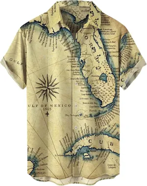 Men's Casual Button Down Shirts Mid Century Geometry Chest Pocket Short Sleeve Hawaiian Shirt