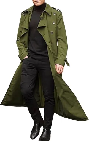 Men's Double Breasted Trench Coat Casual Slim Fit Long Jacket Lightweight Windproof Overcoat Windbreaker