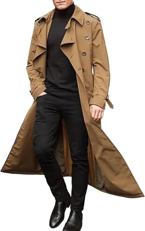 Men's Double Breasted Trench Coat Casual Slim Fit Long Jacket Lightweight Windproof Overcoat Windbreaker