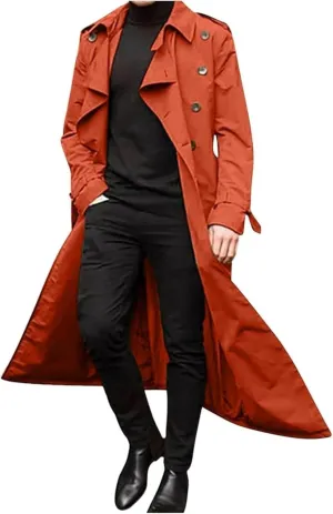 Men's Double Breasted Trench Coat Casual Slim Fit Long Jacket Lightweight Windproof Overcoat Windbreaker