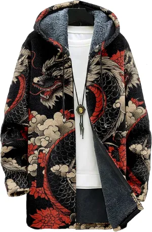 Mens Hooded Cardigan Sweater Japanese Art Zip Up Vintage Long Sleeve Casual Hoodie Dragon Print Coat with Pockets