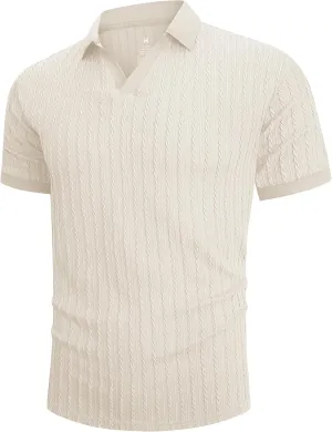 Mens Knit Polo Shirts Casual Stylish V Neck Short Sleeve Sweater Polo Knitted Textured Johnny Collar Tops Fashion 2025