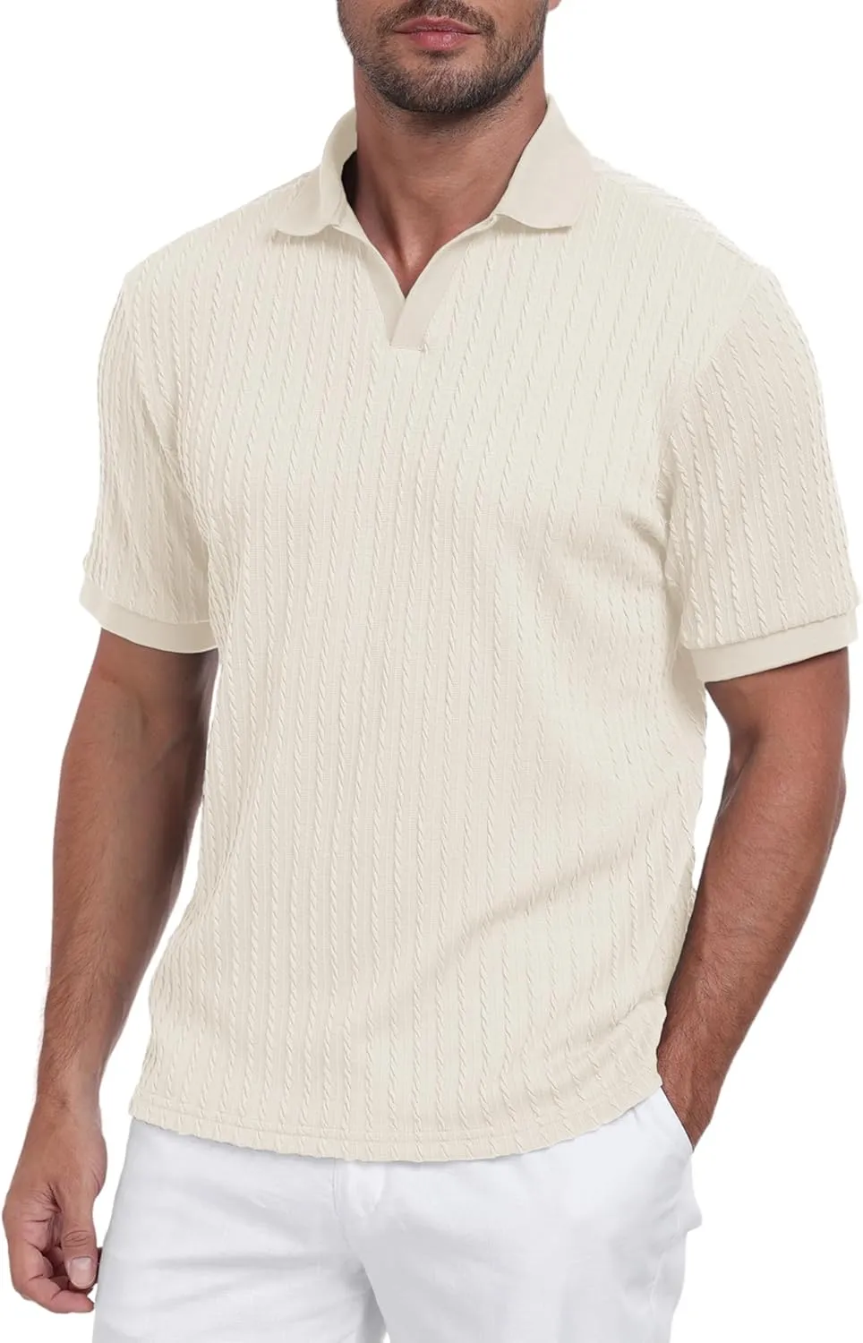 Mens Knit Polo Shirts Casual Stylish V Neck Short Sleeve Sweater Polo Knitted Textured Johnny Collar Tops Fashion 2025