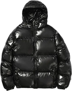 Men's Metallic Hooded Puffer Jacket Winter Warm Down Jackets Y2K Streetwear Full Zip Up Quilted Insulated Padded Coat