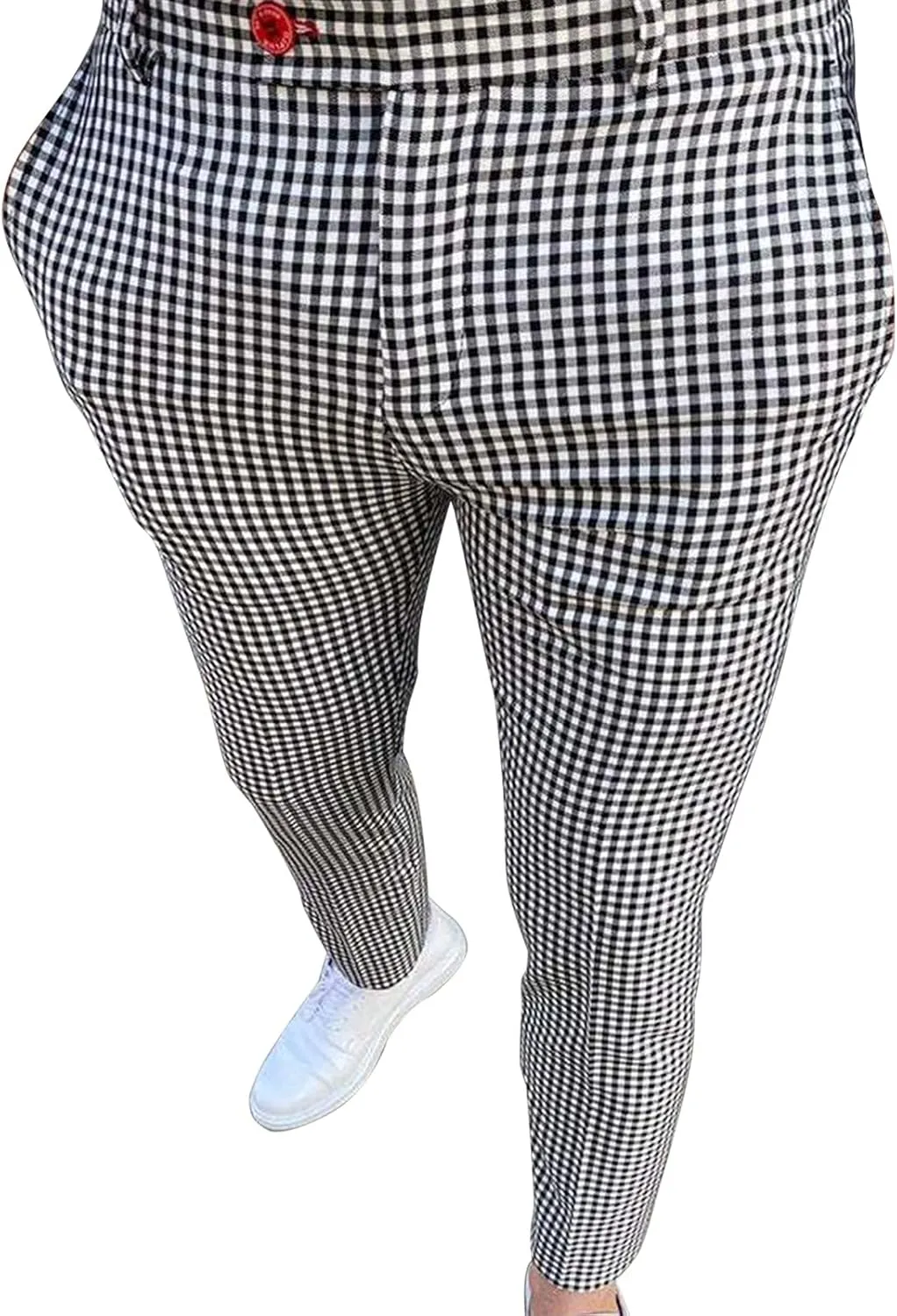 Men's Plaid Chino Pants Flat Front Skinny Slim Fit Stretch Suit Pant Casual Stylish Business Dress Trousers