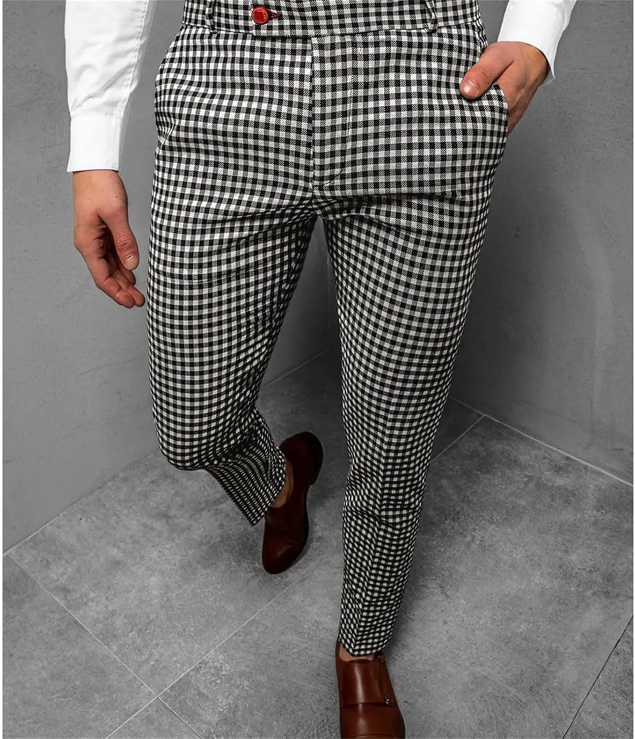 Men's Plaid Chino Pants Flat Front Skinny Slim Fit Stretch Suit Pant Casual Stylish Business Dress Trousers