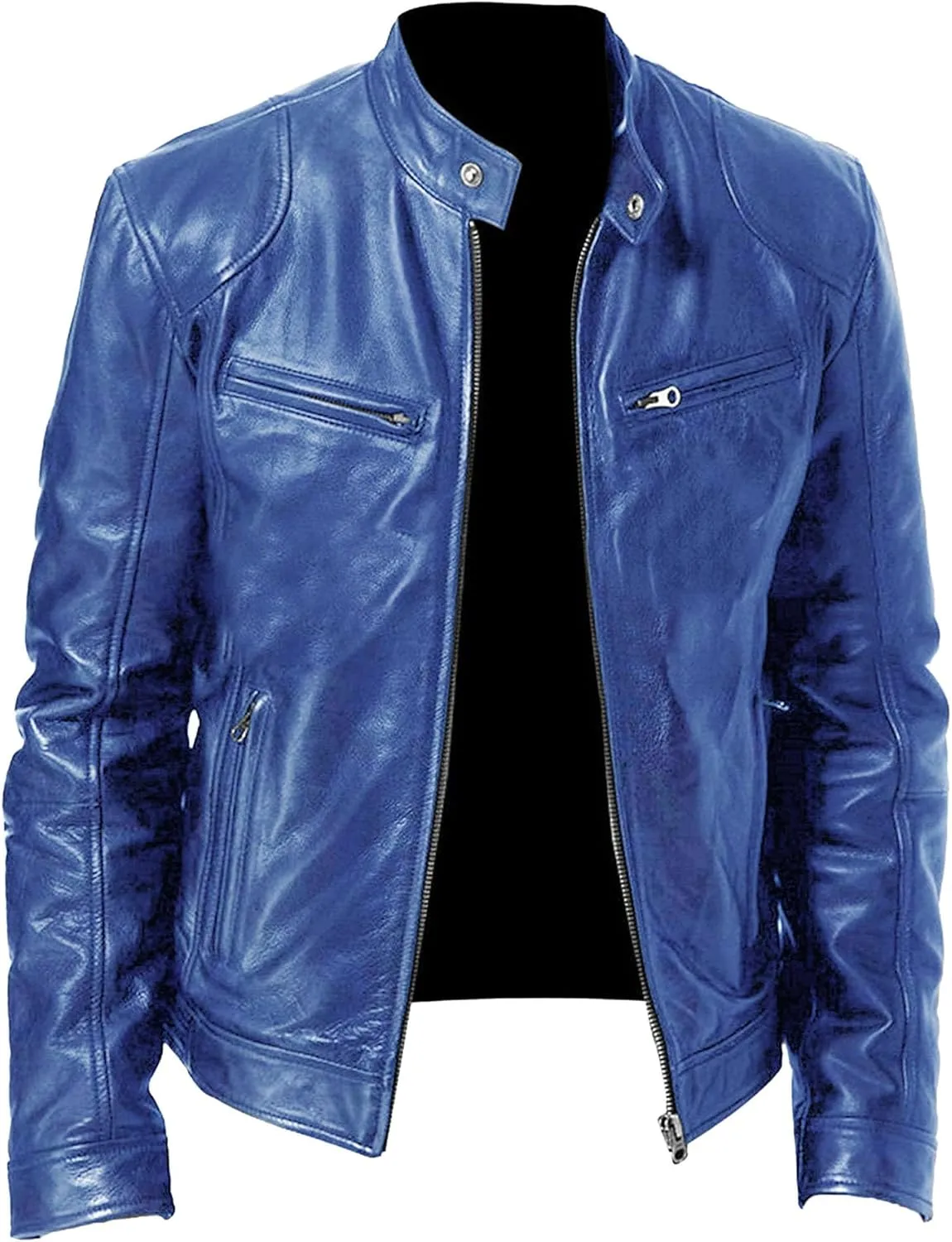 Mens Stand Collar Leather Jacket Casual Biker Motorcycle PU Jackets Slim Fit Motorcyle Lightweight Coat
