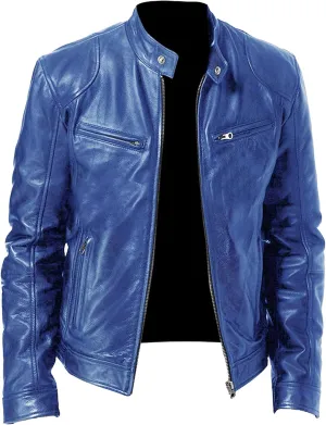 Mens Stand Collar Leather Jacket Casual Biker Motorcycle PU Jackets Slim Fit Motorcyle Lightweight Coat