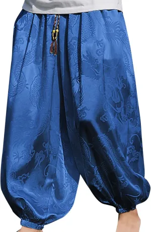 Mens Summer Ice Silk Dragon Printed Harem Pants Big and Tall Wide Leg Loose Breathable Beach Pant Retro Yoga Hip Hop Bloomer