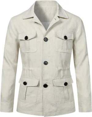 Men's Vintage Blazers Casual Long Sleeve Button Down Linen Jacket Trendy Business Shirt Coat Outwear with 4 Pockets