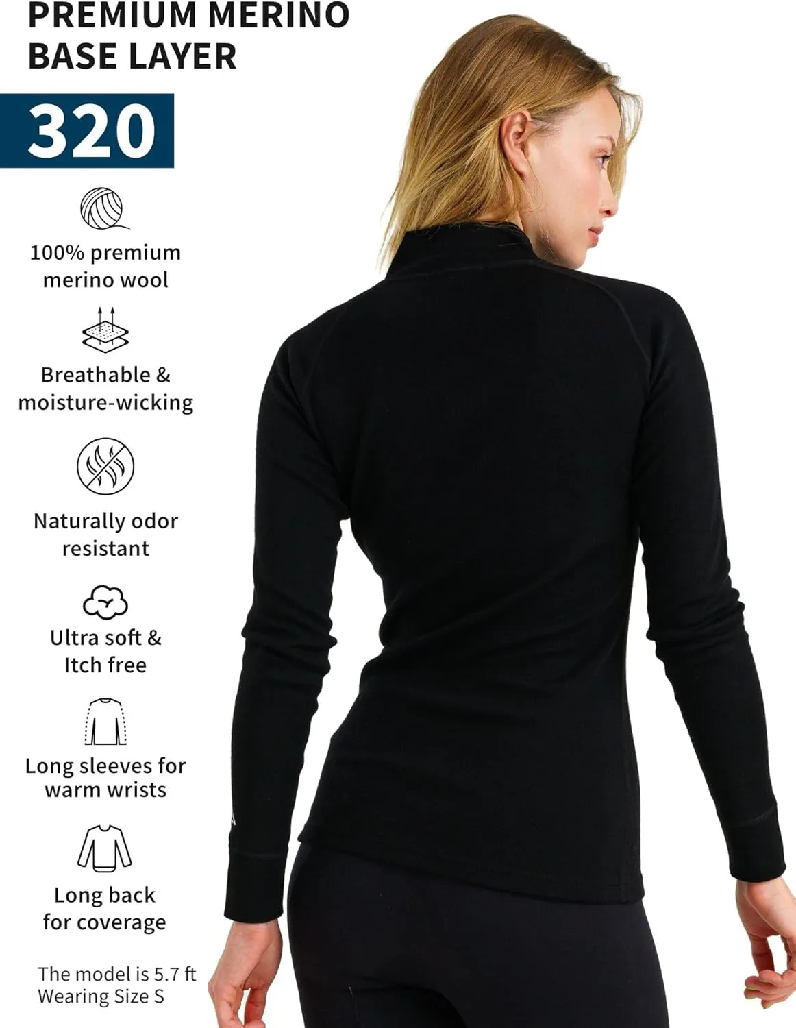 Merino Wool Base Layer Women - 100% Merino Half Zip Sweater Women Lite, Midweight, Heavyweight Thermal Shirts and Socks