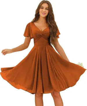 Miao Duo Women's Pleated Chiffon Flutter Sleeves Bridesmaid Dresses with Pockets V Neck Short Formal Dress YZTS241