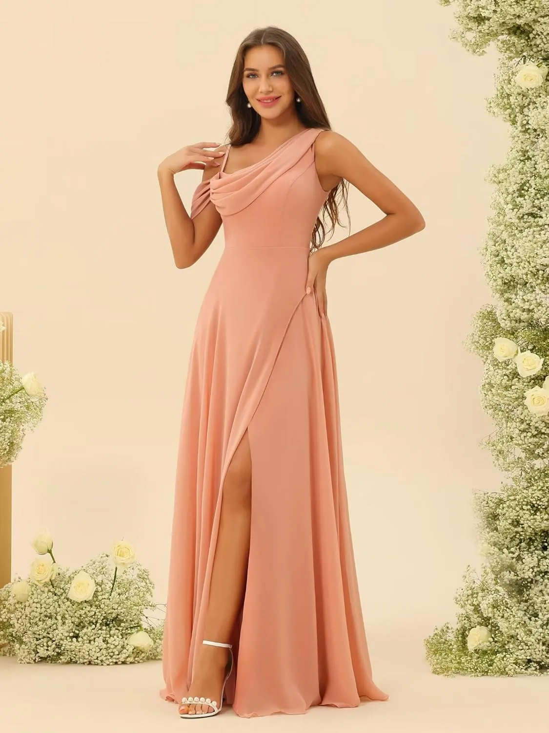 Miao Duo Womens Ruffle One Shoulder Bridesmaid Dresses Long with Pockets A Line Pleats Formal Dress for Wedding YZTS167