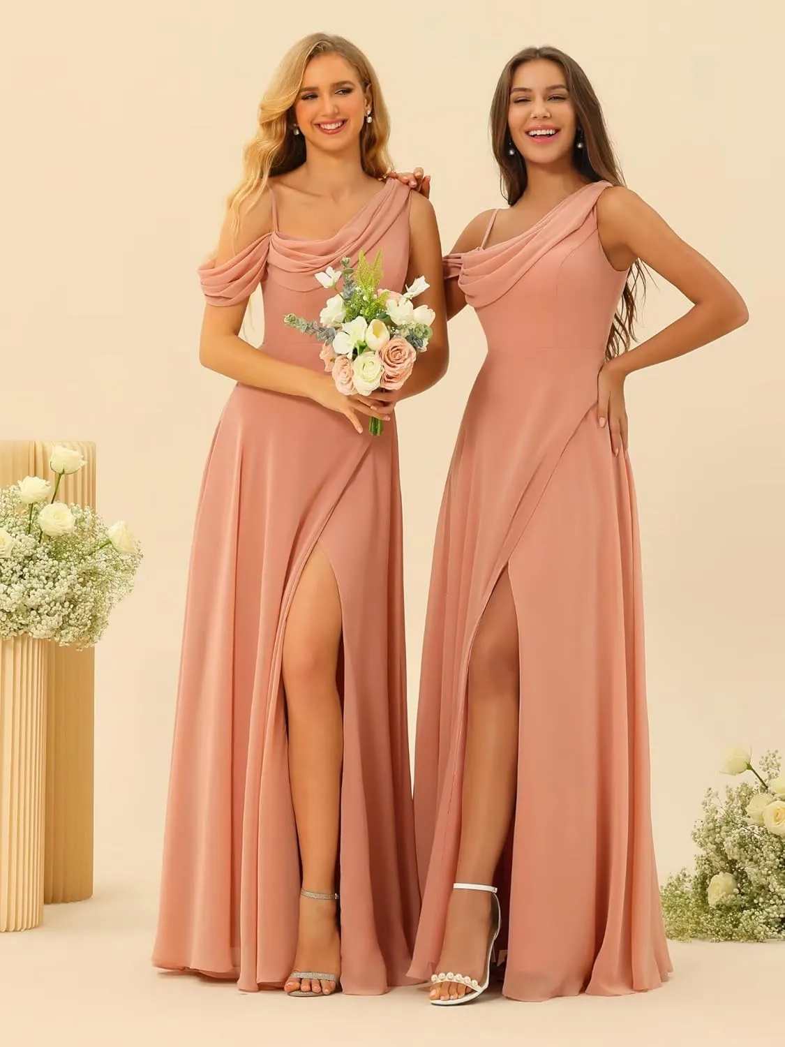 Miao Duo Womens Ruffle One Shoulder Bridesmaid Dresses Long with Pockets A Line Pleats Formal Dress for Wedding YZTS167