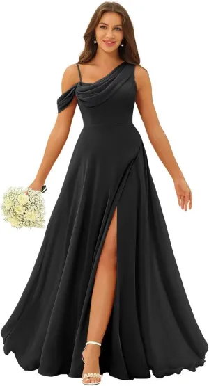 Miao Duo Womens Ruffle One Shoulder Bridesmaid Dresses Long with Pockets A Line Pleats Formal Dress for Wedding YZTS167