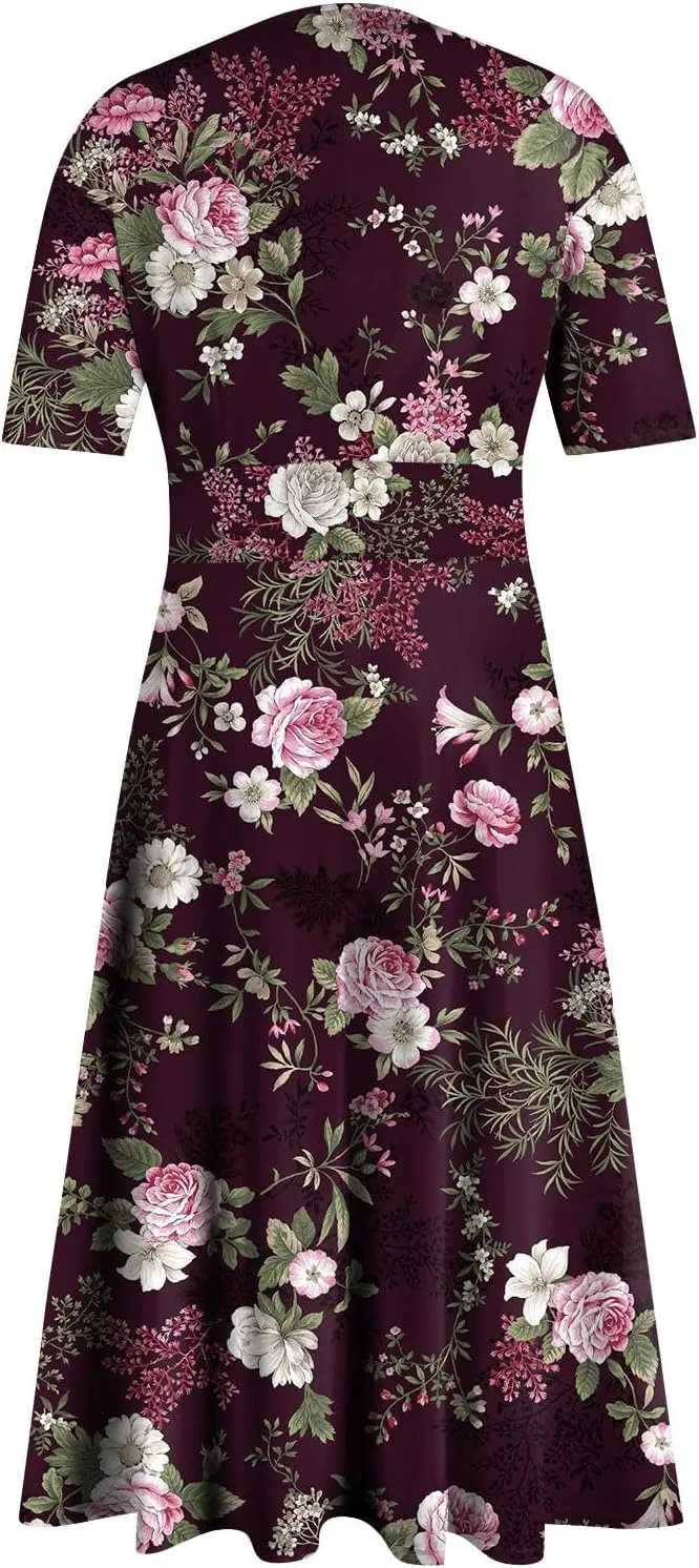 Midi Dresses for Women Printing Waist V Neck Beach Dress Short Sleeve Maxi Dresses A-Line Dressy Swing Dress