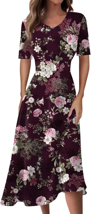 Midi Dresses for Women Printing Waist V Neck Beach Dress Short Sleeve Maxi Dresses A-Line Dressy Swing Dress