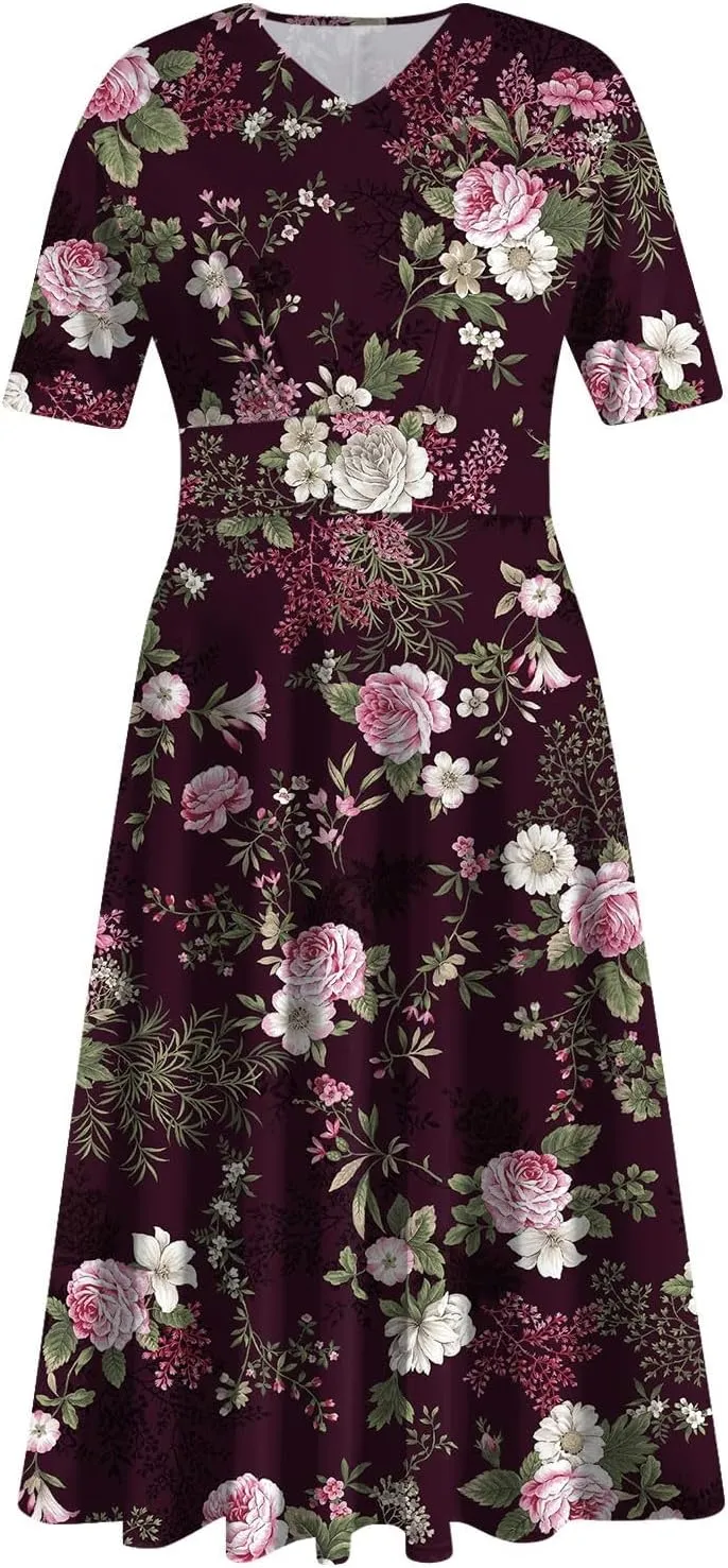 Midi Dresses for Women Printing Waist V Neck Beach Dress Short Sleeve Maxi Dresses A-Line Dressy Swing Dress